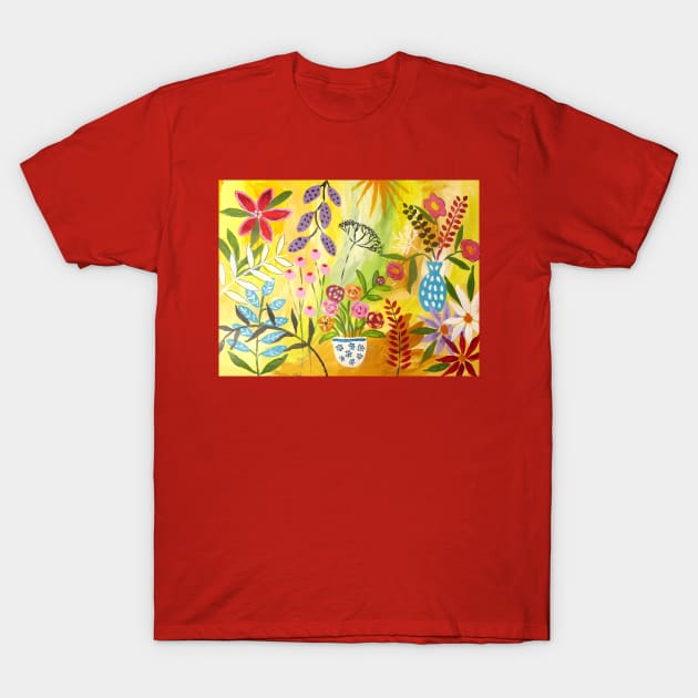 Floral Pattern in a Yellow Sky T-Shirt by Casimirasquirkyart